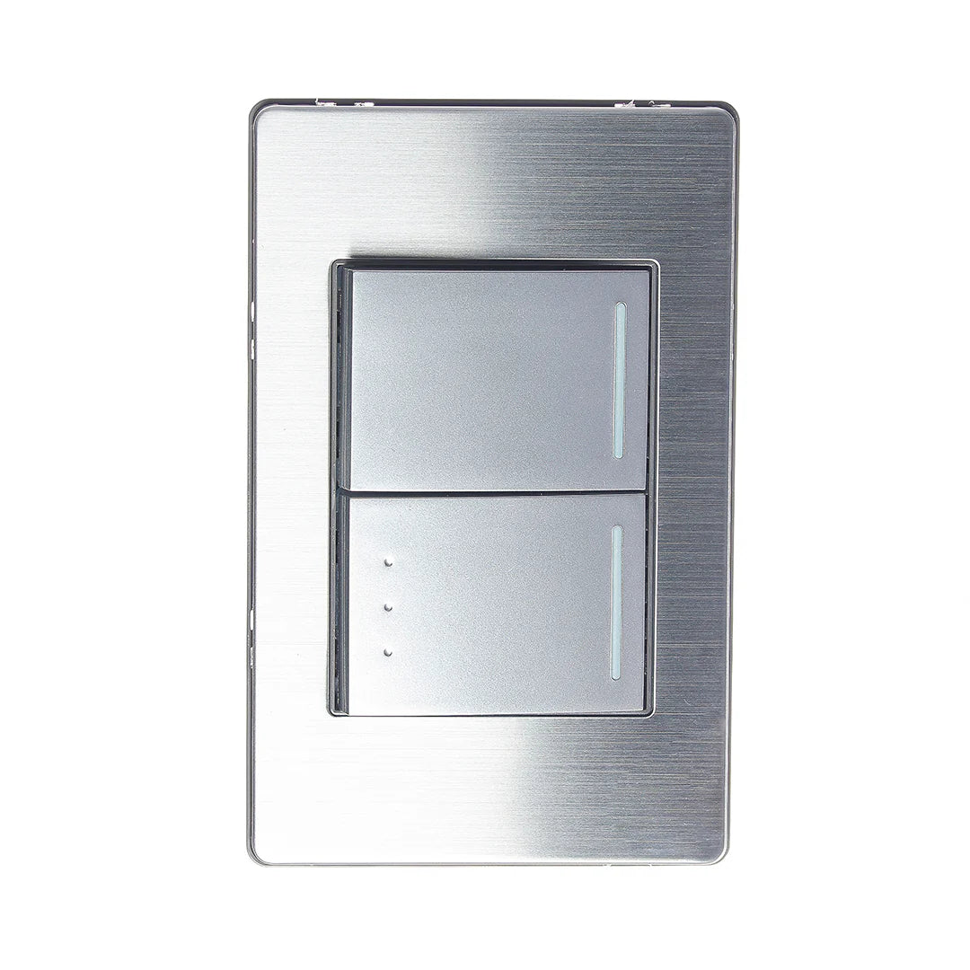 BP02/3-M/P PLACA METÁLICA CON 1 INTERRUPTOR SENCILLO Y 1 DE ESCALERA DE 1.5 MÓDULOS PLATEADO.