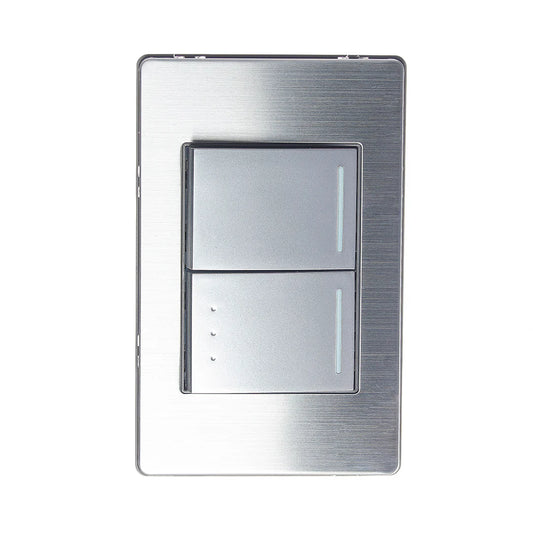 BP02/3-M/P PLACA METÁLICA CON 1 INTERRUPTOR SENCILLO Y 1 DE ESCALERA DE 1.5 MÓDULOS PLATEADO.