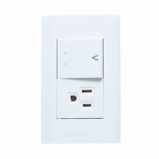 PLACA CON 1 INTERRUPTOR DE ESCALERA Y 1 CONTACTO DE 1.5 MÓDULOS.