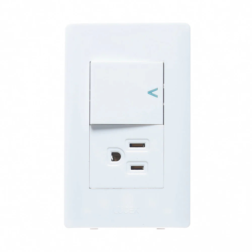 PLACA CON 1 INTERRUPTOR SENCILLO Y 1 CONTACTO DE 1.5 MÓDULOS.