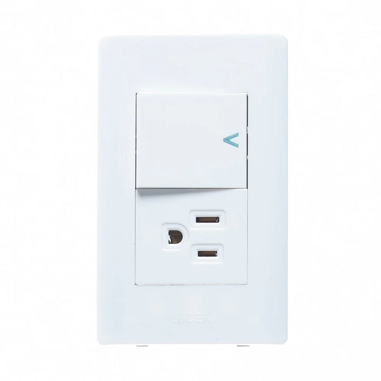 PLACA CON 1 INTERRUPTOR SENCILLO Y 1 CONTACTO DE 1.5 MÓDULOS.