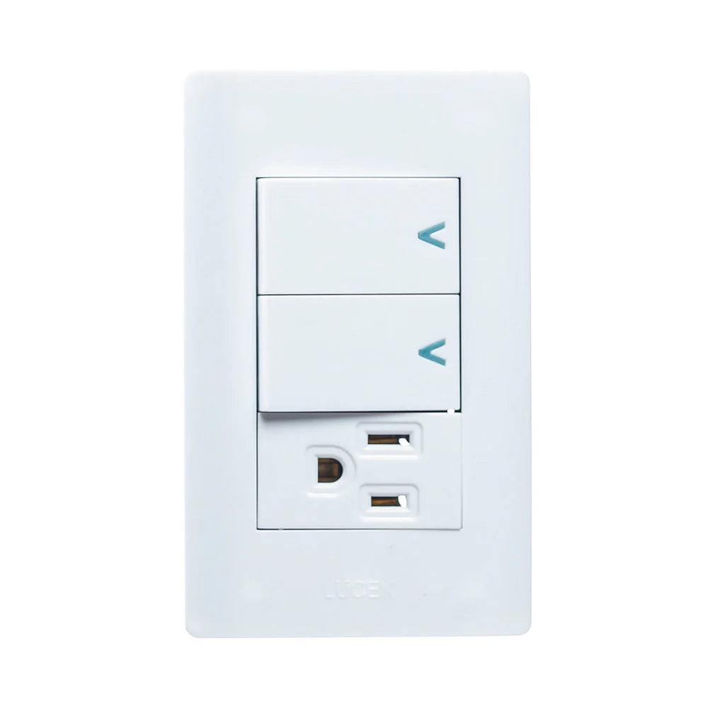 PLACA CON 2 INTERRUPTORES SENCILLOS Y 1 CONTACTO DE 1 MÓDULO.