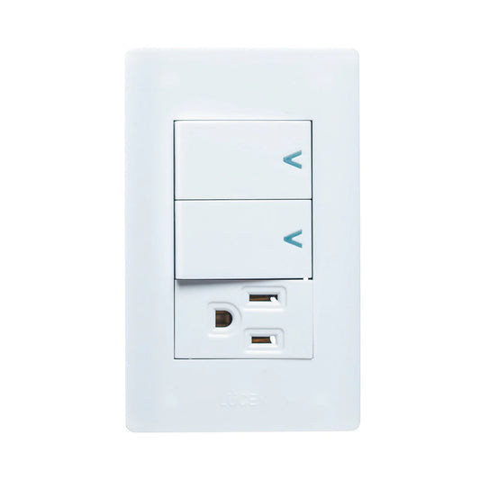 PLACA CON 2 INTERRUPTORES SENCILLOS Y 1 CONTACTO DE 1 MÓDULO.