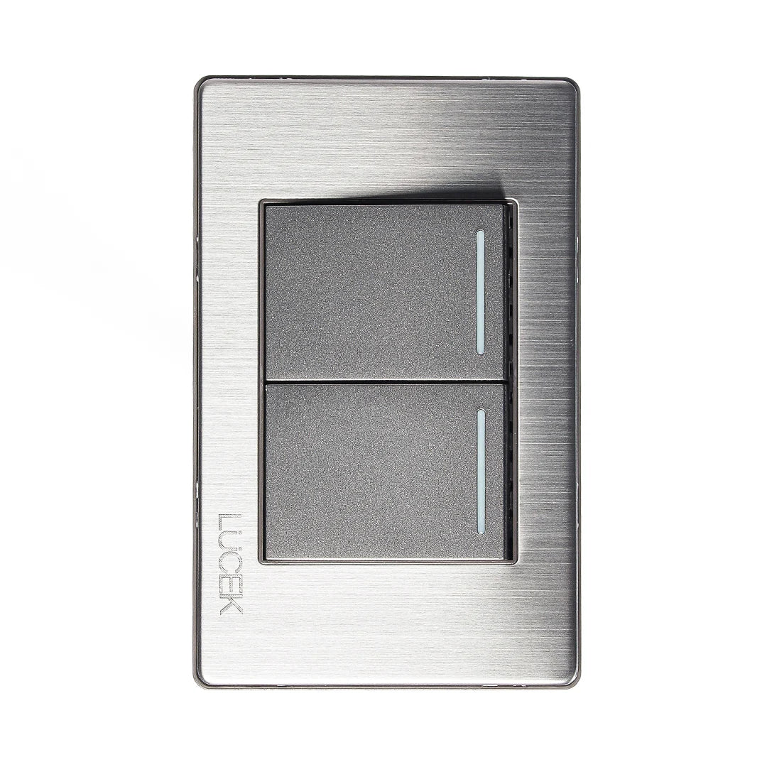 PLACA METÁLICA CON 2 INTERRUPTORES SENCILLOS DE 1.5 MÓDULOS ANODIZADO.