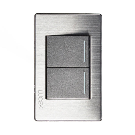 PLACA METÁLICA CON 2 INTERRUPTORES SENCILLOS DE 1.5 MÓDULOS ANODIZADO.