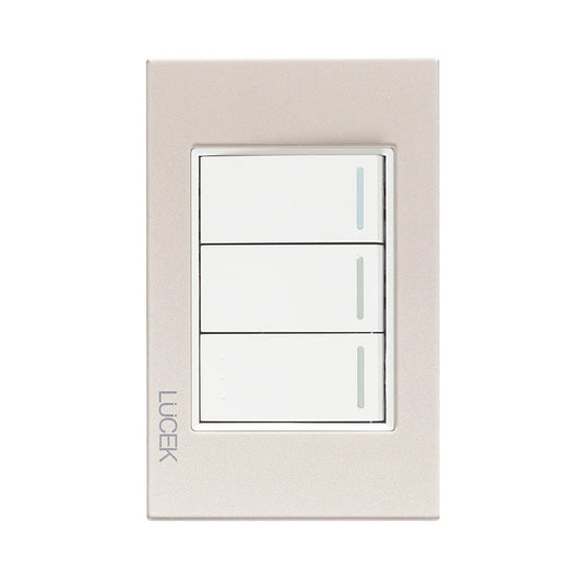 PLACA CON 2 INTERRUPTORES SENCILLOS Y 1 DE ESCALERA DE 1 MÓDULO CRISTAL DORADO MARFIL.