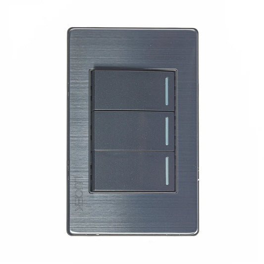 PLACA METÁLICA CON 3 INTERRUPTORES SENCILLOS DE 1 MÓDULO ANODIZADO.