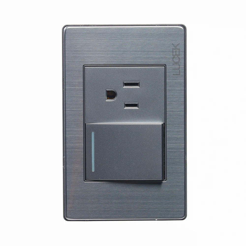 PLACA METÁLICA CON 1 INTERRUPTOR SENCILLO Y 1 CONTACTO DE 1.5 MÓDULOS PLATEADO.