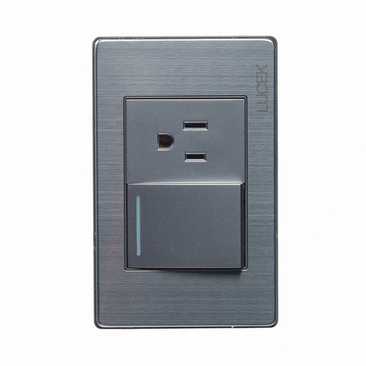 PLACA METÁLICA CON 1 INTERRUPTOR SENCILLO Y 1 CONTACTO DE 1.5 MÓDULOS PLATEADO.