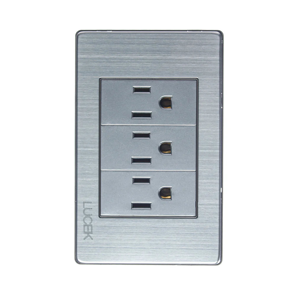 PLACA METÁLICA CON 3 CONTACTOS DE 1 MÓDULO PLATEADO.