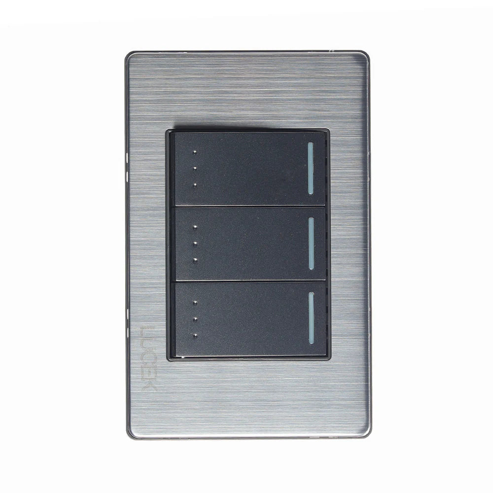 PLACA METÁLICA CON 3 INTERRUPTORES DE ESCALERA DE 1 MÓDULO ANODIZADO.