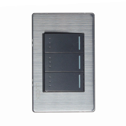 PLACA METÁLICA CON 3 INTERRUPTORES DE ESCALERA DE 1 MÓDULO ANODIZADO.