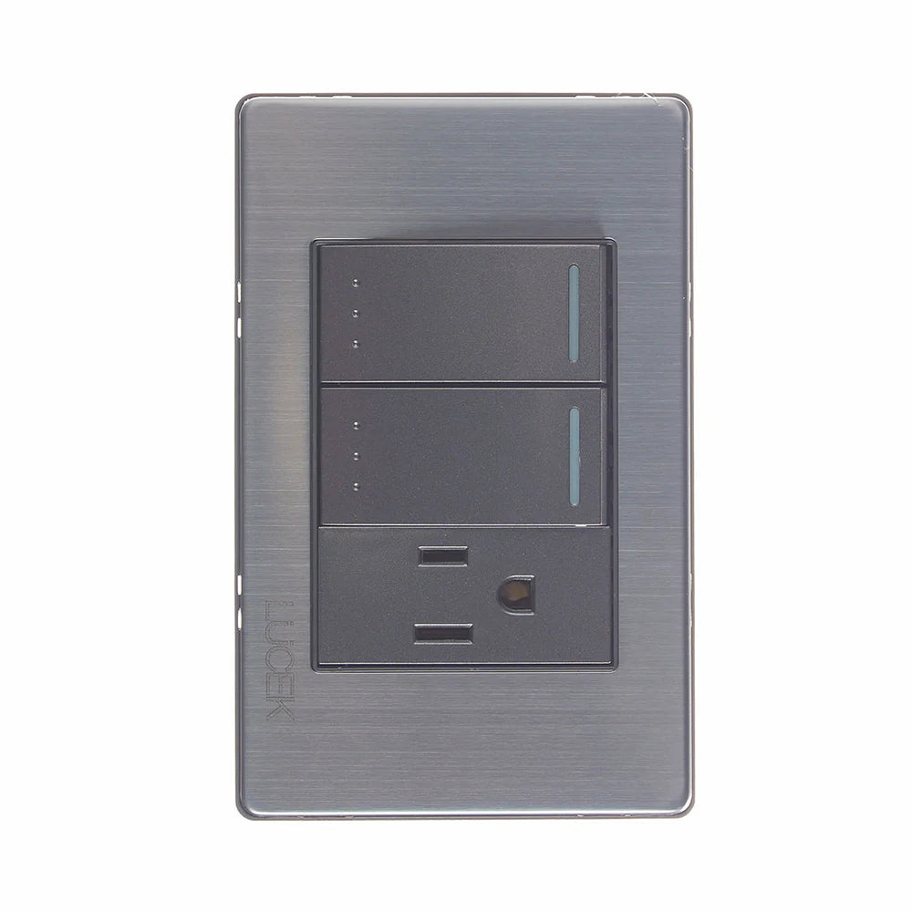 PLACA METÁLICA CON 2 INTERRUPTORES ESCALERA Y 1 CONTACTO DE 1 MÓDULO ANODIZADO.