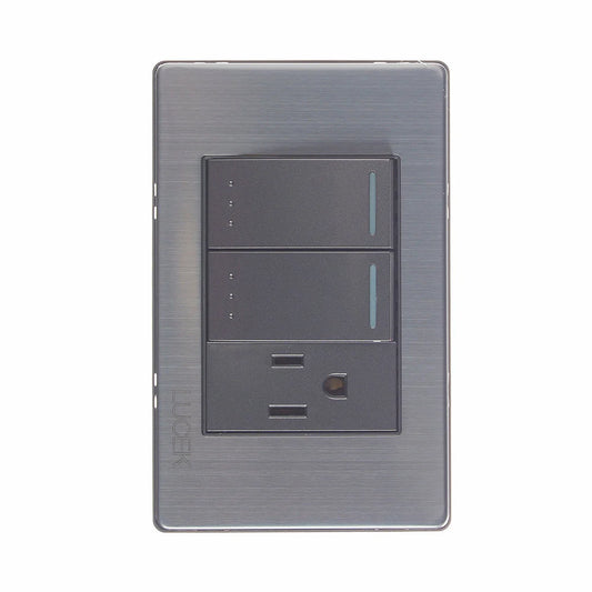 PLACA METÁLICA CON 2 INTERRUPTORES ESCALERA Y 1 CONTACTO DE 1 MÓDULO ANODIZADO.