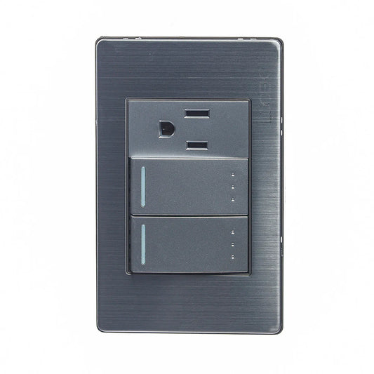 PLACA METÁLICA CON 2 INTERRUPTORES ESCALERA Y 1 CONTACTO DE 1 MÓDULO PLATEADO.