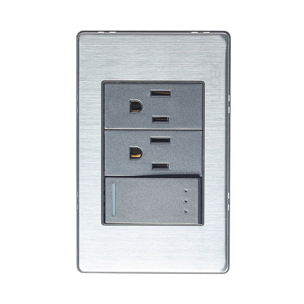 PLACA METÁLICA CON 1 INTERRUPTOR ESCALERA Y 2 CONTACTOS DE 1 MÓDULO ANODIZADO.