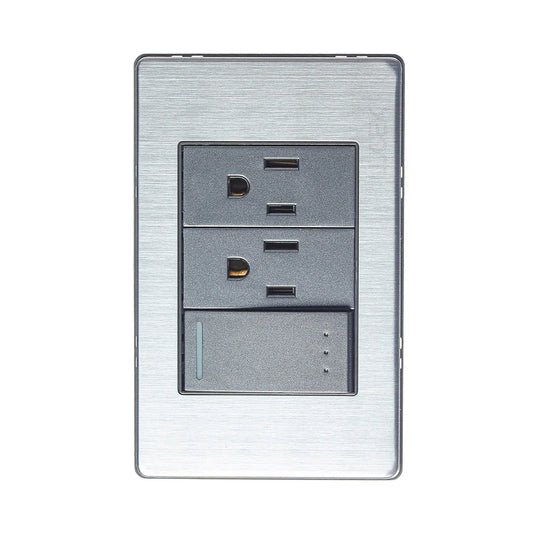 PLACA METÁLICA CON 1 INTERRUPTOR ESCALERA Y 2 CONTACTOS DE 1 MÓDULO ANODIZADO.