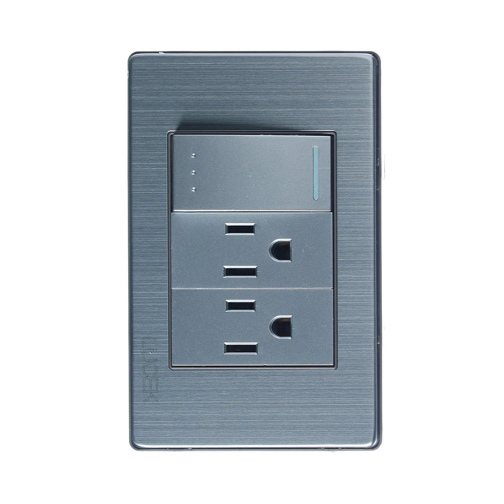 PLACA METÁLICA CON 1 INTERRUPTOR ESCALERA Y 2 CONTACTOS DE 1 MÓDULO PLATEADO.