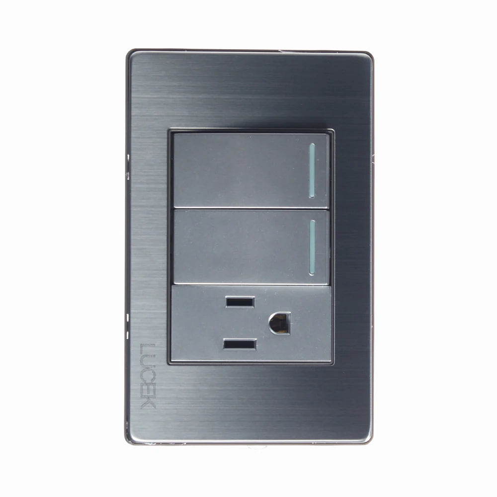 PLACA METÁLICA CON 2 INTERRUPTORES SENCILLOS Y 1 CONTACTO DE 1 MÓDULO PLATEADO.