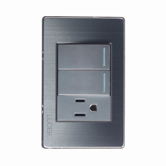 PLACA METÁLICA CON 2 INTERRUPTORES SENCILLOS Y 1 CONTACTO DE 1 MÓDULO PLATEADO.
