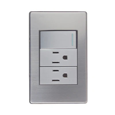PLACA METÁLICA CON 1 INTERRUPTOR SENCILLO Y 2 CONTACTOS DE 1 MÓDULO PLATEADO.